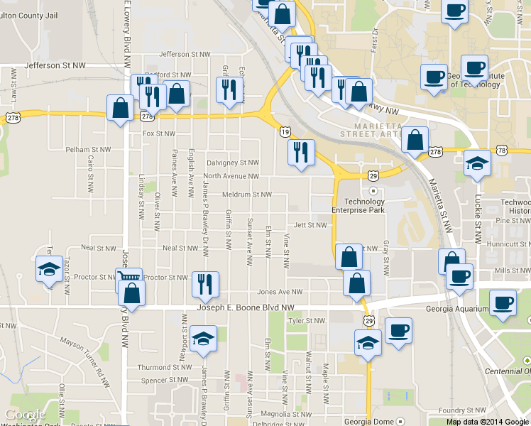 map of restaurants, bars, coffee shops, grocery stores, and more near 670 Cameron Madison Alexander Boulevard Northwest in Atlanta
