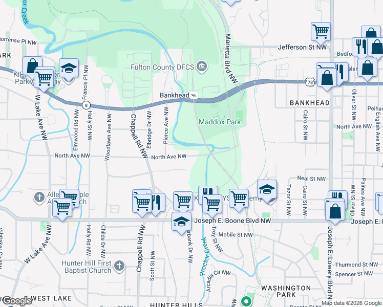 map of restaurants, bars, coffee shops, grocery stores, and more near 1254 North Avenue Northwest in Atlanta