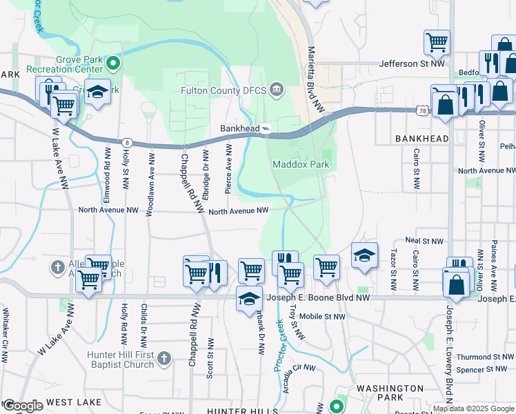 map of restaurants, bars, coffee shops, grocery stores, and more near 1254 North Avenue Northwest in Atlanta