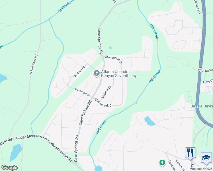 map of restaurants, bars, coffee shops, grocery stores, and more near 7763 Melanie Drive in Douglasville