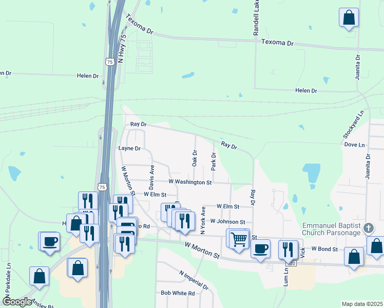 map of restaurants, bars, coffee shops, grocery stores, and more near 1124 Oak Drive in Denison