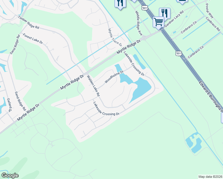 map of restaurants, bars, coffee shops, grocery stores, and more near 253 Wellspring Drive in Conway