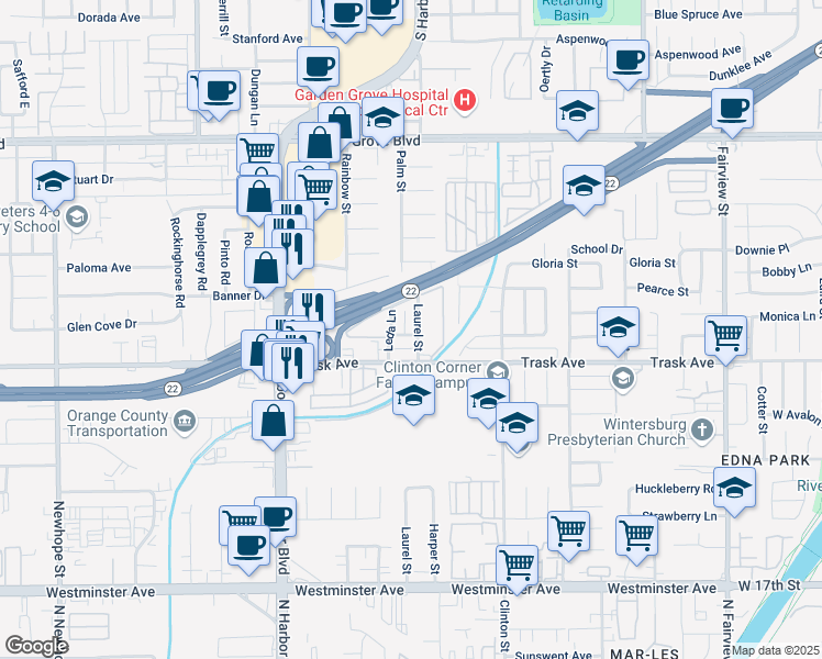 map of restaurants, bars, coffee shops, grocery stores, and more near 13402 Palm Street in Garden Grove