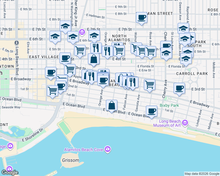 map of restaurants, bars, coffee shops, grocery stores, and more near 1231 2nd Street in Long Beach
