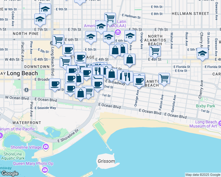 map of restaurants, bars, coffee shops, grocery stores, and more near in Long Beach