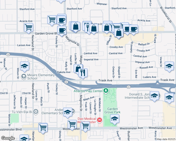 map of restaurants, bars, coffee shops, grocery stores, and more near 9106 Bestel Avenue in Garden Grove