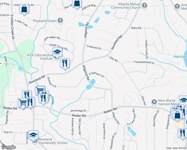 map of restaurants, bars, coffee shops, grocery stores, and more near 4335 East Durham Circle in Stone Mountain