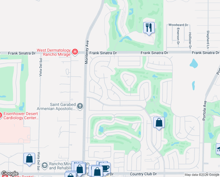 map of restaurants, bars, coffee shops, grocery stores, and more near 73115 Cabazon Peak Drive in Palm Desert