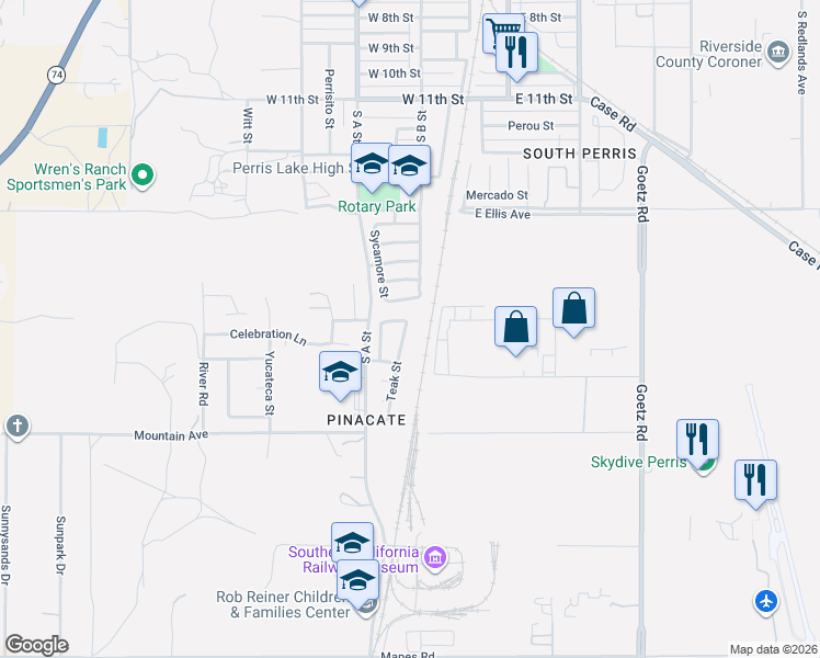 map of restaurants, bars, coffee shops, grocery stores, and more near 1811 Teak Street in Perris