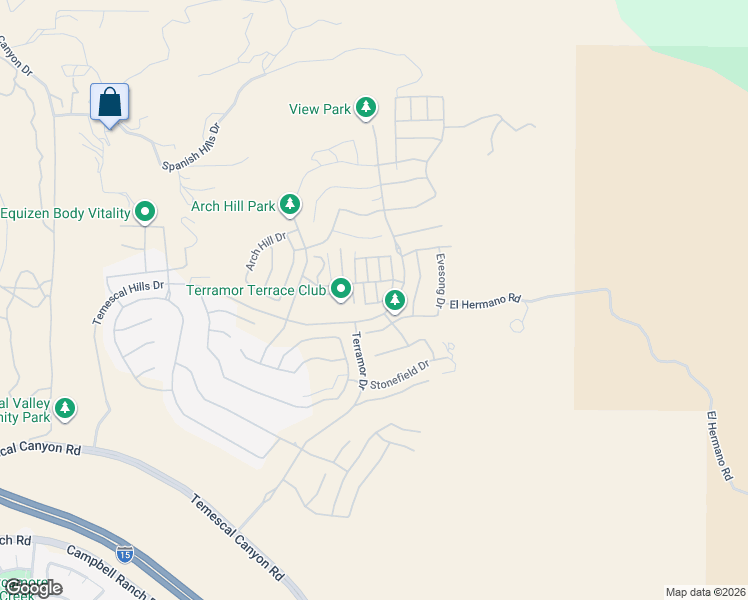 map of restaurants, bars, coffee shops, grocery stores, and more near 11950 El Hermano Road in Corona
