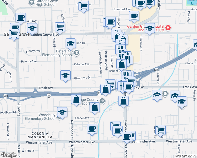 map of restaurants, bars, coffee shops, grocery stores, and more near 13422 Rockinghorse Road in Garden Grove