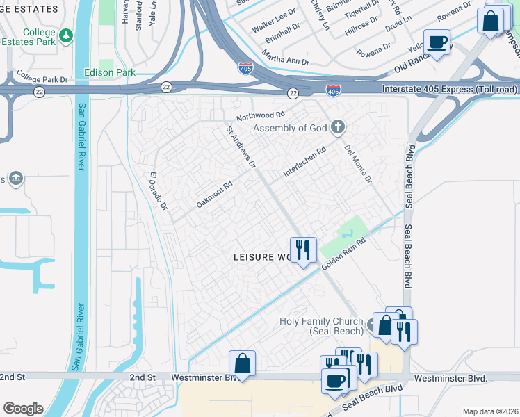 map of restaurants, bars, coffee shops, grocery stores, and more near 1501 Pelham Road in Seal Beach