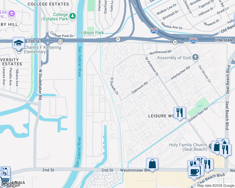 map of restaurants, bars, coffee shops, grocery stores, and more near 13400 El Dorado Drive in Seal Beach