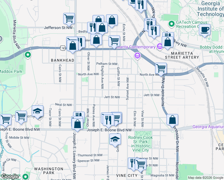 map of restaurants, bars, coffee shops, grocery stores, and more near in Atlanta
