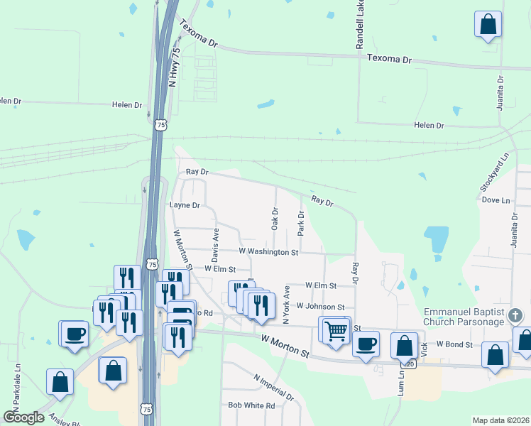 map of restaurants, bars, coffee shops, grocery stores, and more near 1107 Oak Drive in Denison