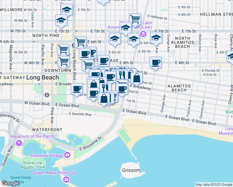 map of restaurants, bars, coffee shops, grocery stores, and more near 701 East First Street in Long Beach