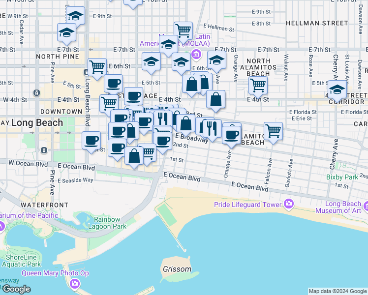 map of restaurants, bars, coffee shops, grocery stores, and more near 958 2nd Street in Long Beach