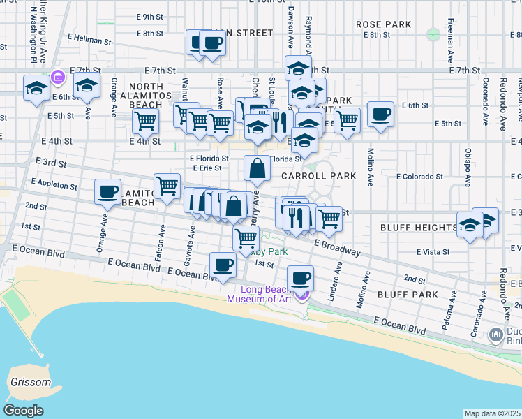 map of restaurants, bars, coffee shops, grocery stores, and more near 2009 East Appleton Street in Long Beach