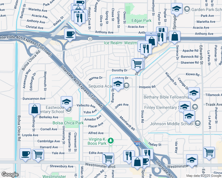 map of restaurants, bars, coffee shops, grocery stores, and more near 13391 Barney Street in Westminster