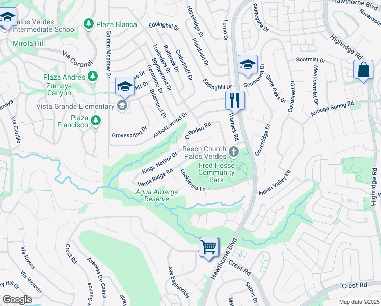 map of restaurants, bars, coffee shops, grocery stores, and more near 6753 Verde Ridge Road in Rancho Palos Verdes