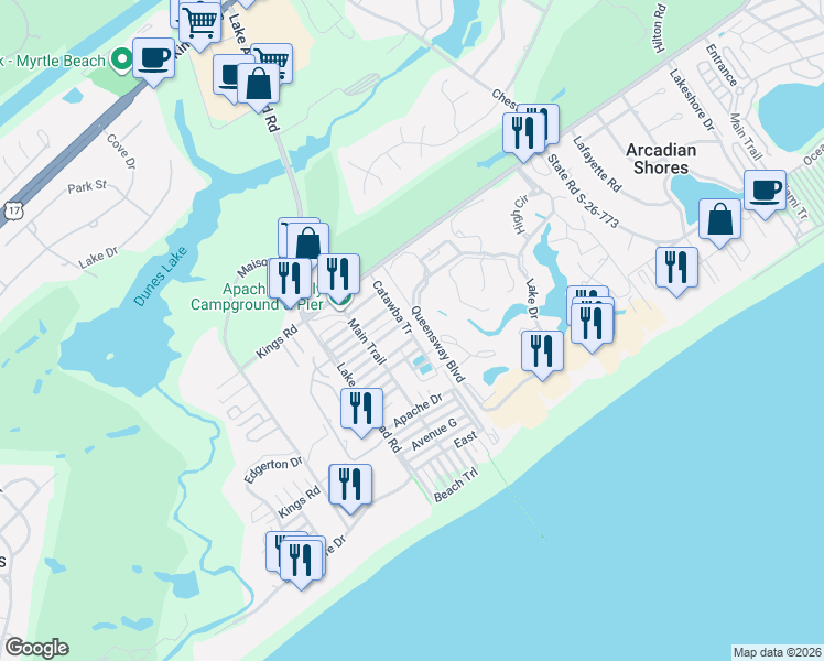 map of restaurants, bars, coffee shops, grocery stores, and more near 77 Apache Drive in Conway