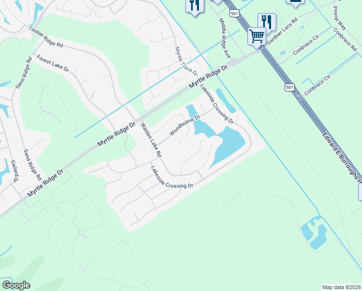 map of restaurants, bars, coffee shops, grocery stores, and more near 253 Wellspring Drive in Conway