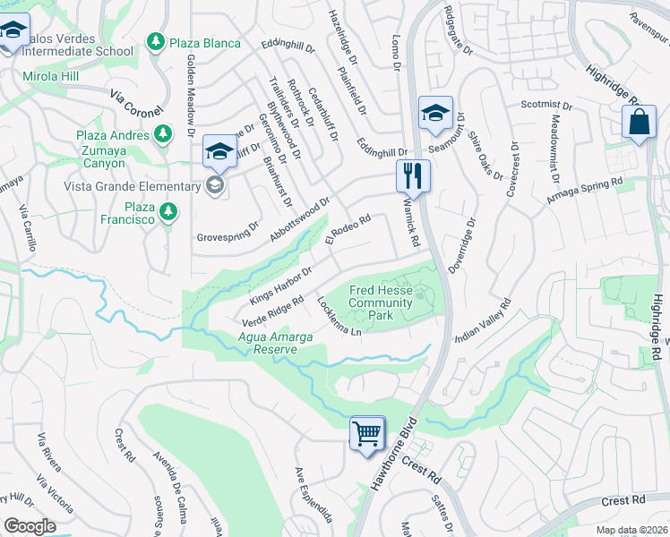 map of restaurants, bars, coffee shops, grocery stores, and more near 6747 Verde Ridge Road in Rancho Palos Verdes