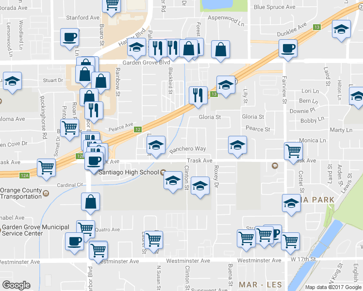 map of restaurants, bars, coffee shops, grocery stores, and more near 12461 Ranchero Way in Garden Grove