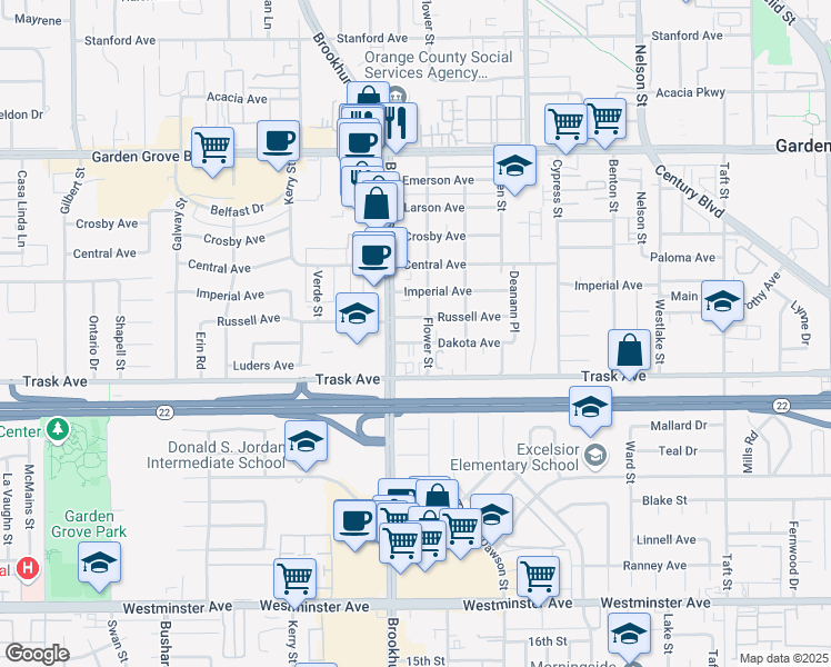 map of restaurants, bars, coffee shops, grocery stores, and more near 10055 Dakota Avenue in Garden Grove