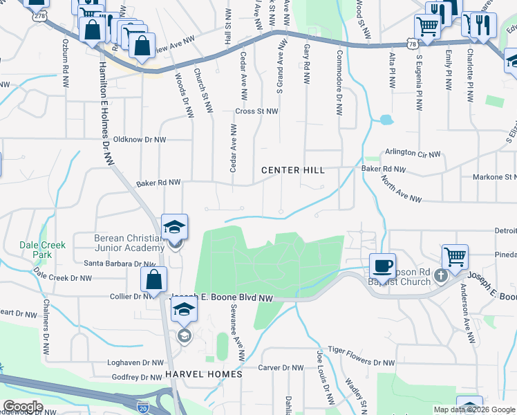 map of restaurants, bars, coffee shops, grocery stores, and more near 474 Center Hill Avenue Northwest in Atlanta