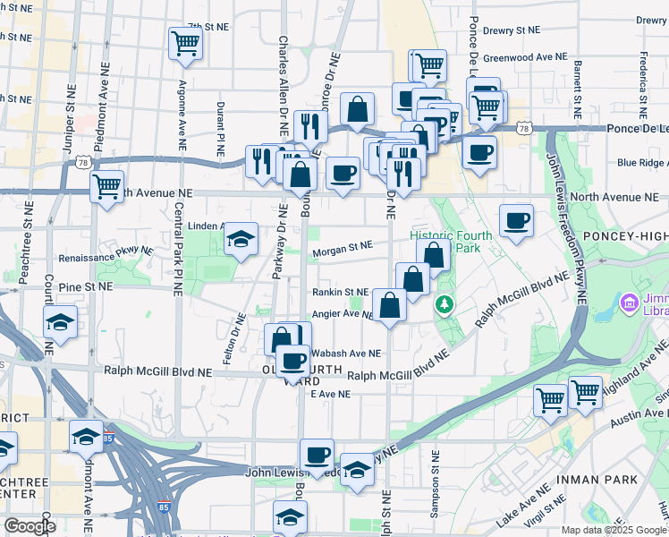 map of restaurants, bars, coffee shops, grocery stores, and more near 513 Winton Terrace Northeast in Atlanta