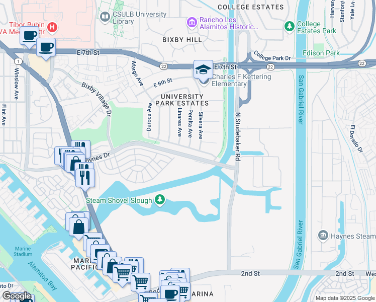 map of restaurants, bars, coffee shops, grocery stores, and more near 6264 East Vista Street in Long Beach