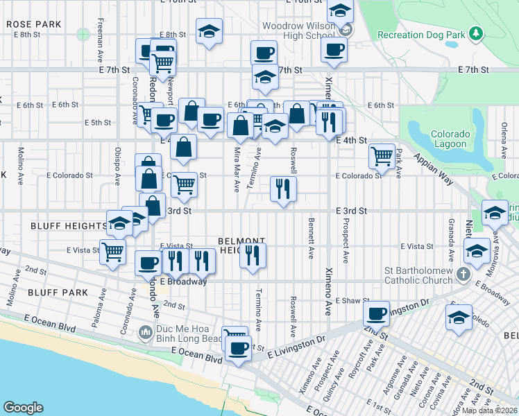 map of restaurants, bars, coffee shops, grocery stores, and more near 3959 East 3rd Street in Long Beach