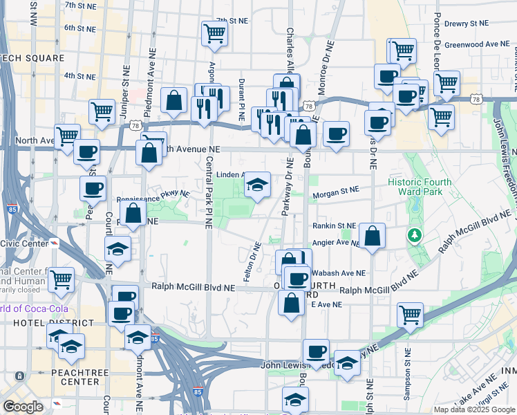 map of restaurants, bars, coffee shops, grocery stores, and more near 386 Pine Street Northeast in Atlanta