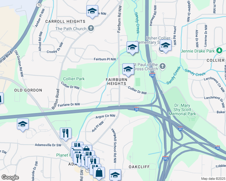 map of restaurants, bars, coffee shops, grocery stores, and more near 495 Fairlane Circle Northwest in Atlanta