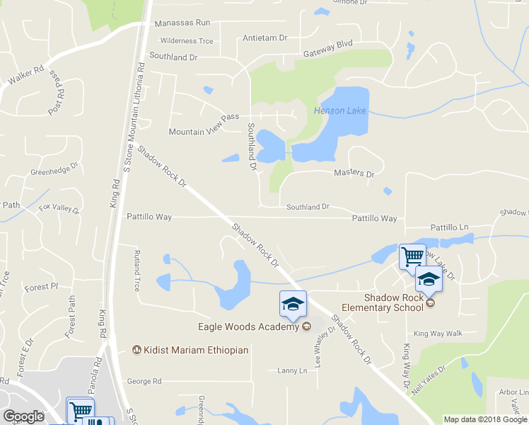 map of restaurants, bars, coffee shops, grocery stores, and more near 5917 Southland Drive in Stone Mountain