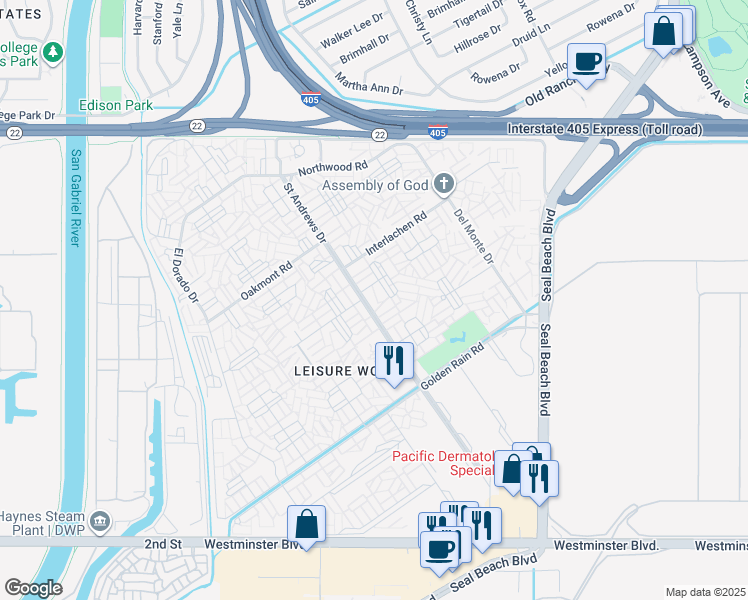 map of restaurants, bars, coffee shops, grocery stores, and more near in Seal Beach