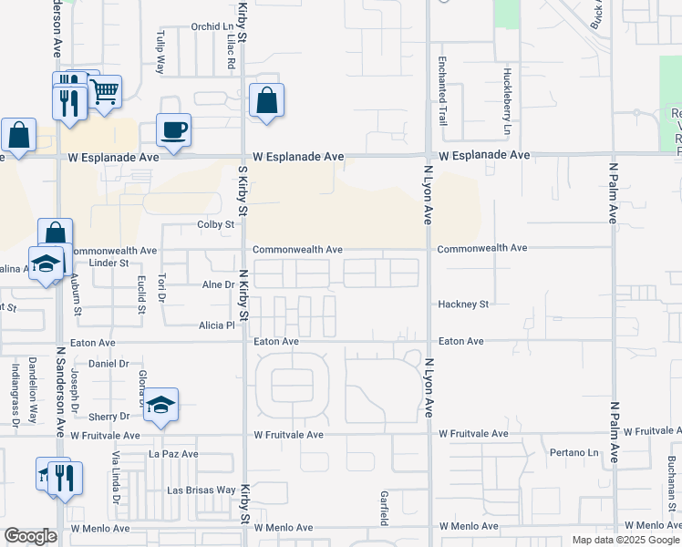 map of restaurants, bars, coffee shops, grocery stores, and more near 1250 North Kirby Street in Hemet