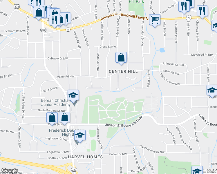map of restaurants, bars, coffee shops, grocery stores, and more near 474 Center Hill Avenue Northwest in Atlanta