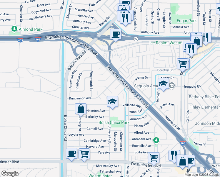 map of restaurants, bars, coffee shops, grocery stores, and more near 5302 Franklin Circle in Westminster