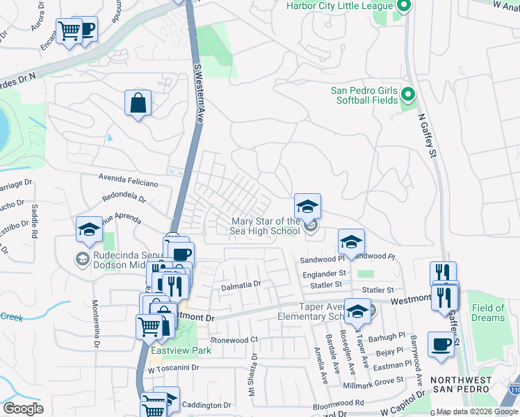 map of restaurants, bars, coffee shops, grocery stores, and more near 1481 Reef Lane in Los Angeles