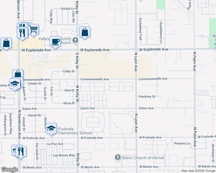 map of restaurants, bars, coffee shops, grocery stores, and more near 1250 North Kirby Street in Hemet