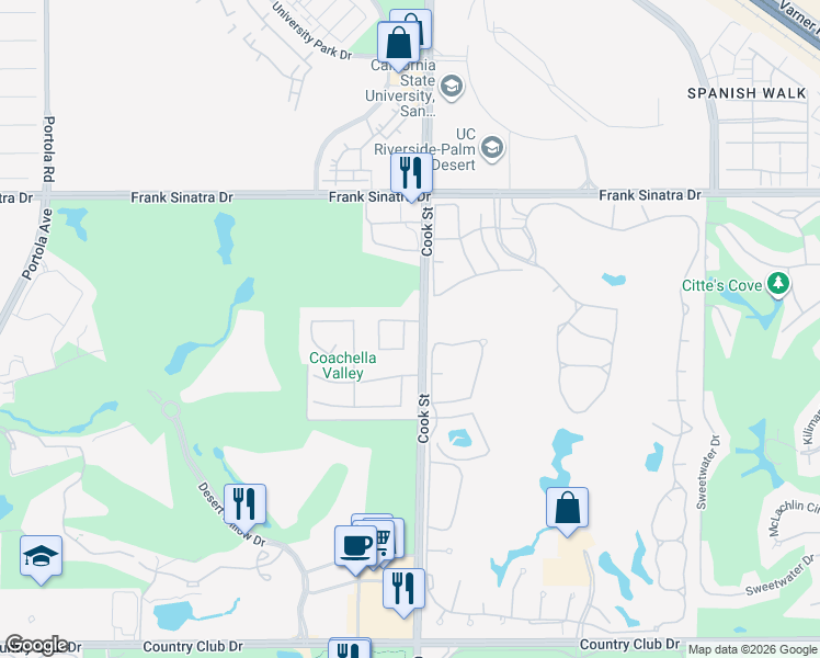 map of restaurants, bars, coffee shops, grocery stores, and more near 38610 Desert Mirage Drive in Palm Desert