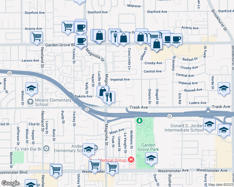 map of restaurants, bars, coffee shops, grocery stores, and more near 9106 Bestel Avenue in Garden Grove