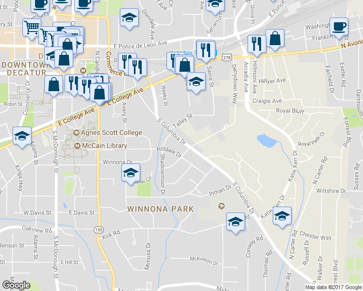 map of restaurants, bars, coffee shops, grocery stores, and more near 331 South Columbia Drive in Decatur