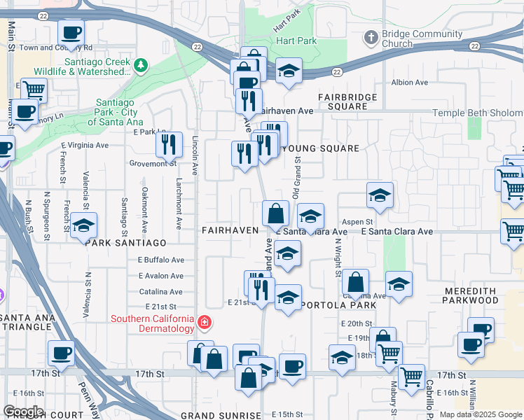map of restaurants, bars, coffee shops, grocery stores, and more near 18 North Grand Avenue in Santa Ana
