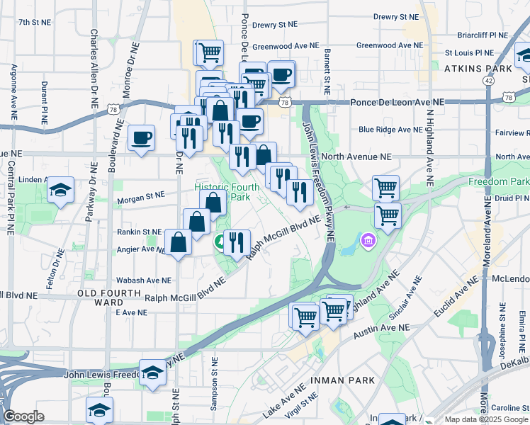 map of restaurants, bars, coffee shops, grocery stores, and more near 760 Ralph McGill Boulevard Northeast in Atlanta