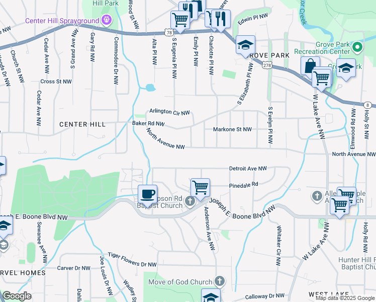 map of restaurants, bars, coffee shops, grocery stores, and more near 1986 North Avenue Northwest in Atlanta