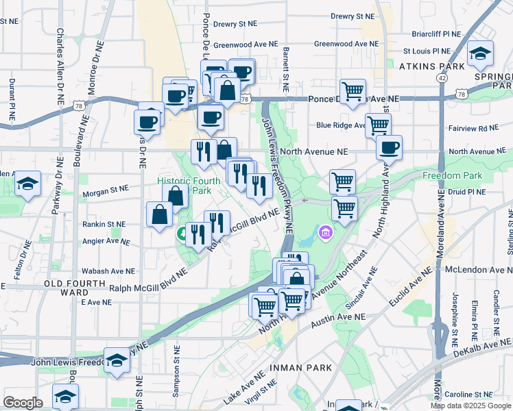 map of restaurants, bars, coffee shops, grocery stores, and more near in Atlanta