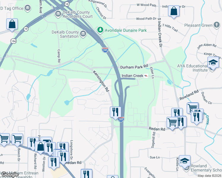 map of restaurants, bars, coffee shops, grocery stores, and more near 3840 Kensington Road in Decatur